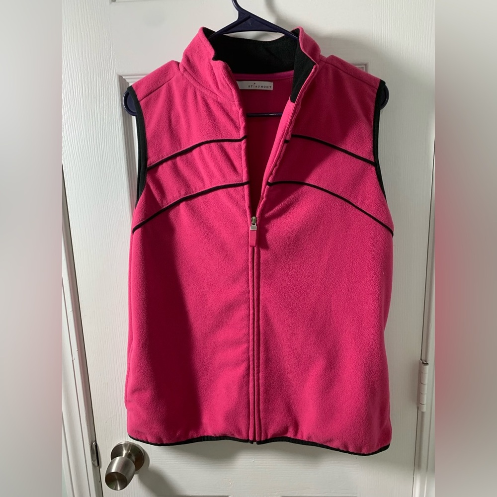St. Aumont Sleeveless Pink Fleece Vest with Black Trim